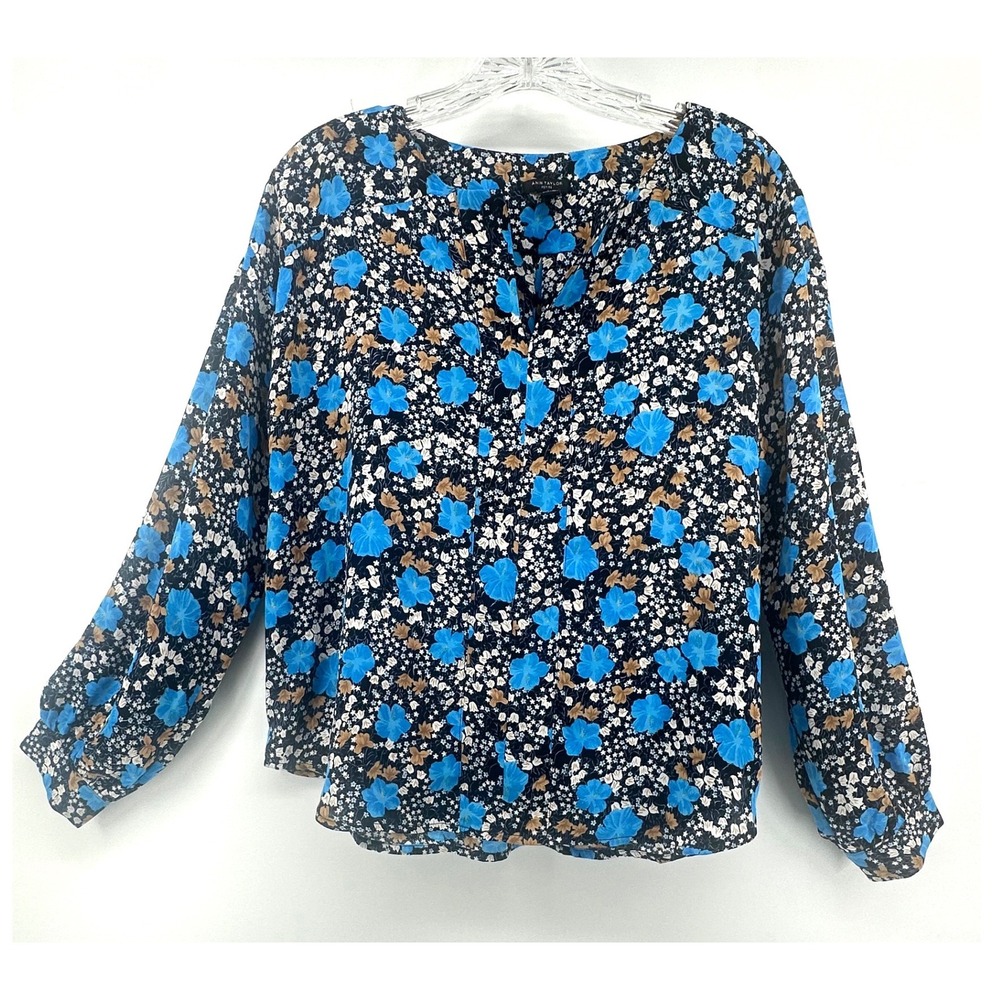 Ann Taylor Petite Blue Floral Career Office‎ Blouse MP Long Sleeve Cottagecore